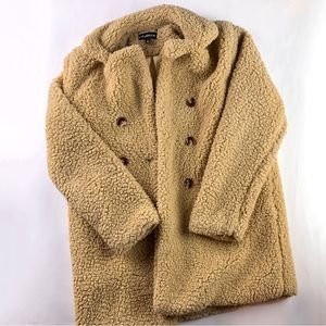 SHEIN Beige Double Button Teddy Coat